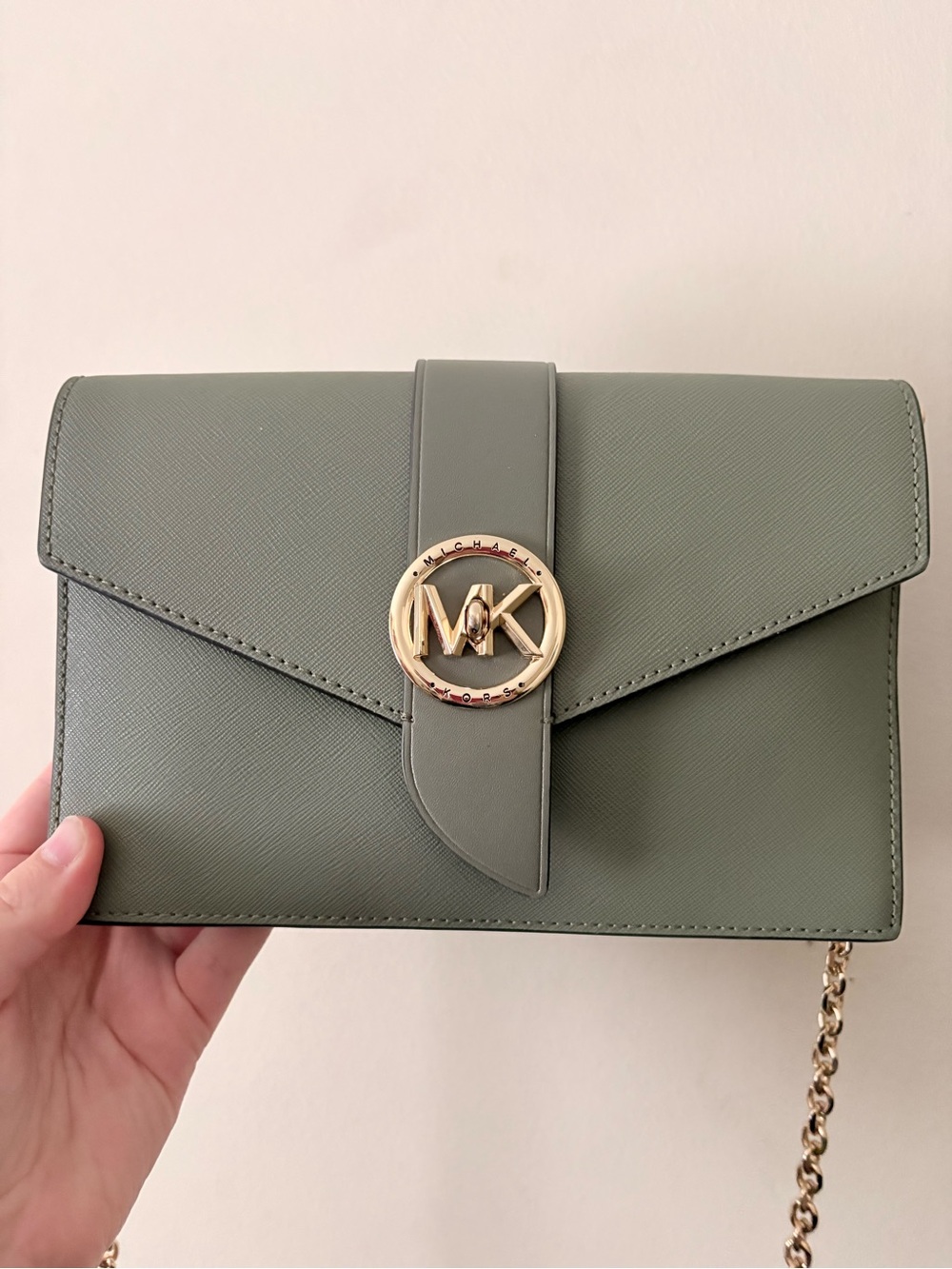 Michael Kors Olive Crossbody Envelope Bag with Gold MK Emblem